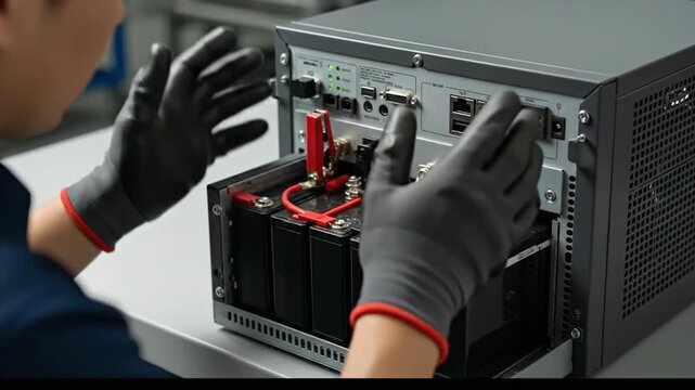 Technician Installing Battery Backup System for Server Rack Power