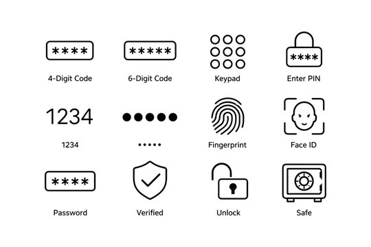 Security icons including pin, face id, fingerprint, lock, safe, password, verified badge