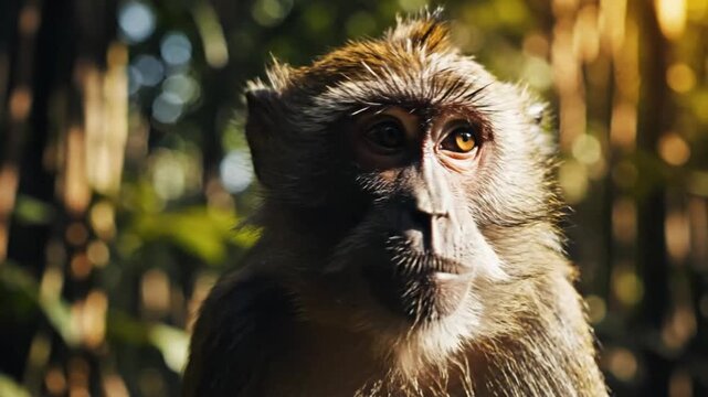 Close-up view of a curious monkey in a natural forest environment, looking attentively in its habitat