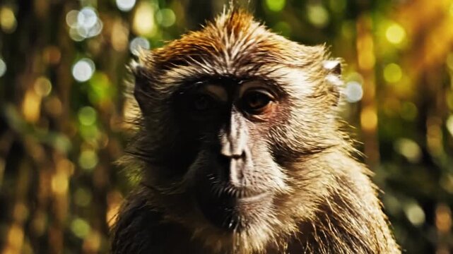 Close-up portrait of a thoughtful monkey with intense stare in a lush jungle environment during the daytime