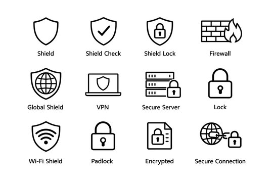 Cybersecurity icons: shields, locks, firewall, vpn, secure server, encryption