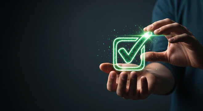 A hand interacting with a glowing green checkbox icon, perfect for task completion banners and verified choice plans