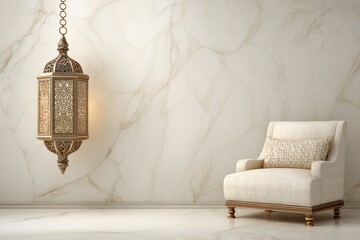 Ornate lantern hangs above comfortable armchair against marble wall.