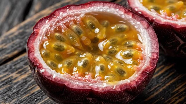 Close-up of a halved passion fruit, showcasing the edible pulp and seeds, on a dark wooden surface.