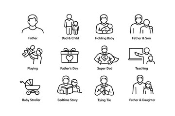 Fototapeta premium Fatherhood icons: dad with child, baby, stroller, and teaching illustrations