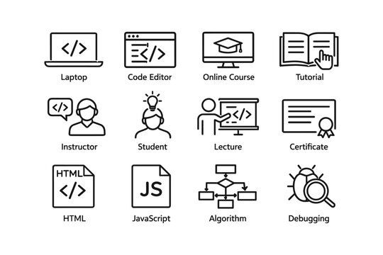 Education icons: laptop, code editor, online course, tutorial, lecture, certificate, html, javascript