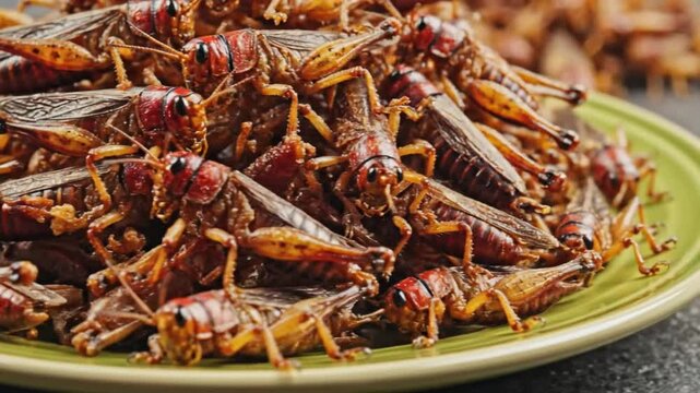 Close-up of a pile of fried grasshoppers on a green plate, ready to be eaten