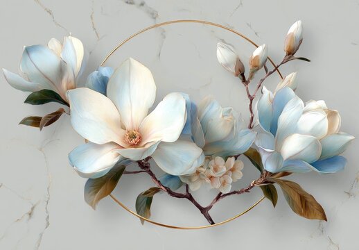 Stunning floral arrangement features large white and light blue blooms, buds, and delicate blossoms, set against a marble backdrop