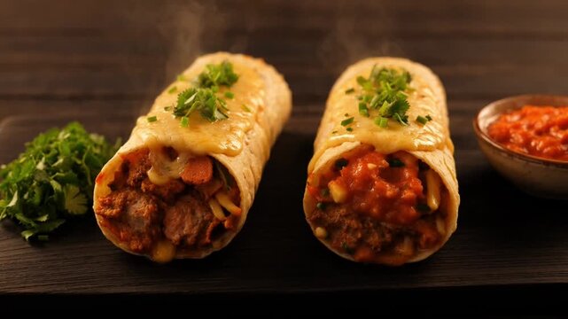 Hot cheesy beef burritos with tomato salsa and cilantro