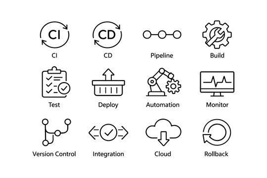 Devops icons representing ci cd pipeline build test deploy automation