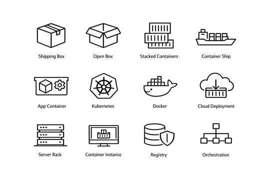 Containerization and cloud icons: shipping box, docker, kubernetes, server rack, orchestration