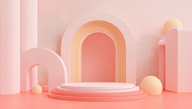 A pastel-hued studio stage with minimalist geometric shapes archways, pillars, and spheres. The composition creates a soft, inviting atmosphere