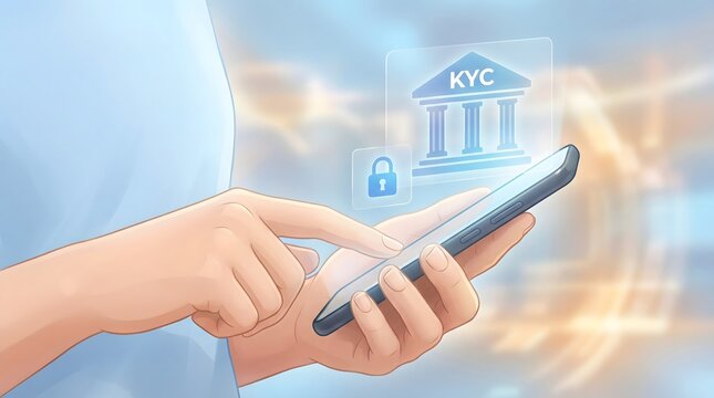 KYC identity verification concept with smartphone digital authentication interface secure fintech compliance and data privacy technology
