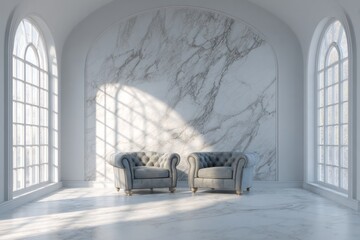 Two elegant gray armchairs are placed in a bright room with marble walls and floors.