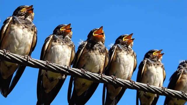 Low-angle view of six swallows perched in a row on a wire with open beaks against a clear blue sky