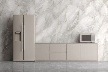 Modern kitchen with refrigerator, microwave, and marble wall.