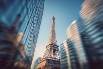 Tall structure rises between modern buildings under a clear sky.