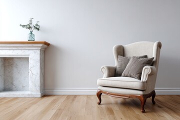 Elegant armchair sits beside a marble fireplace with floral arrangement.