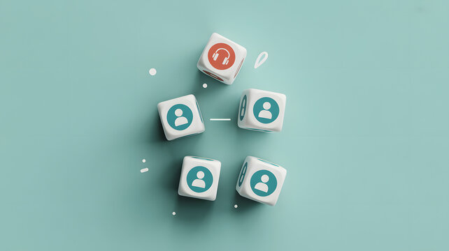Connected people icons on white blocks with one red rejected symbol on light green background