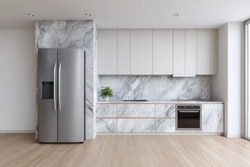 Modern kitchen with stainless steel refrigerator and marble countertops.