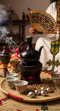 Traditional Ethiopian Coffee Ceremony with Steaming Jebena and Roasted Beans.