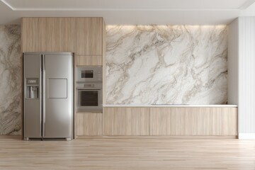 Modern kitchen with stainless steel appliances and marble backsplash.