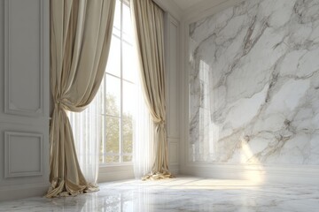Elegant interior features marble walls and light-filled window with drapes.