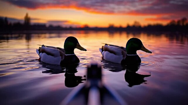 Two male mallard ducks gracefully swimming on tranquil lake reflecting vibrant sunset colors creating serene atmosphere