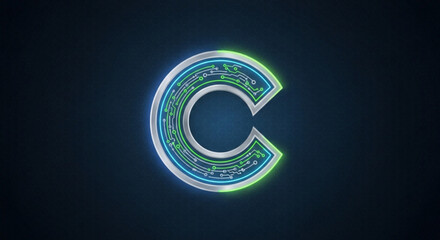 Glowing neon circuit board letter c with blue and green neon lights on dark blue background futuristic technology concept modern digital design element