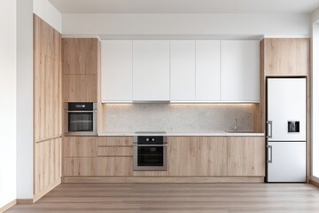 Modern kitchen with light wood cabinets and white fronts.