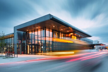 Modern glass building at dusk with blurred motion of lights and clouds.
