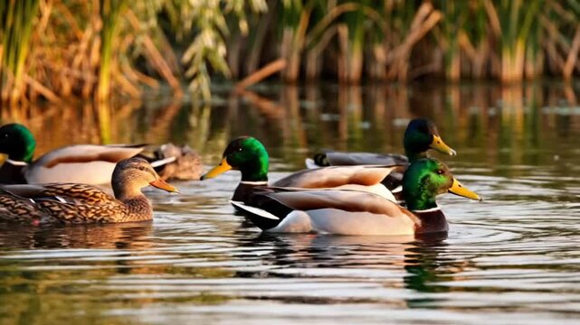 Graceful ducks swimming and quacking serenely on a calm lake reflecting the golden sunlight.