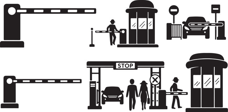 Security gate and checkpoint icons with people and vehicles