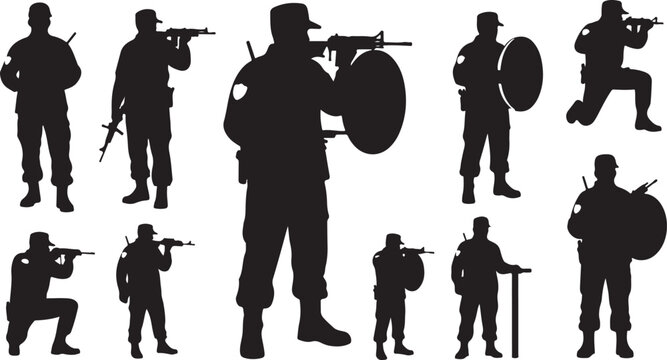 Silhouettes of soldiers in various combat positions and actions