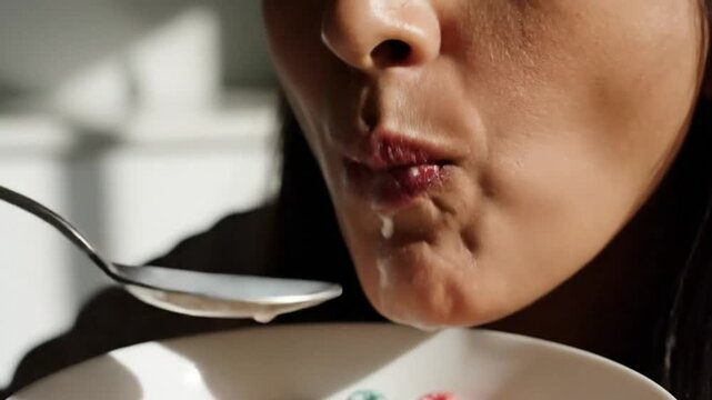 Close-up of a person enjoying a bowl of colorful, sweetened breakfast cereal with milk, eating and savoring the deliciousness