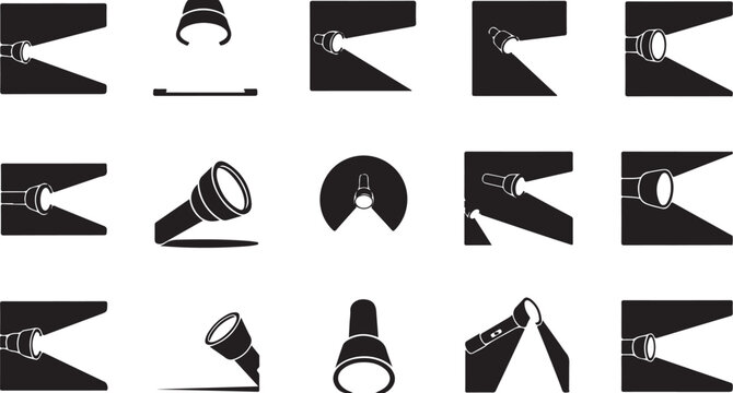 Collection of various flashlight icons in black and white