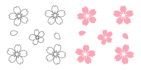 桜の花と花びらのイラストセット（カラーと線画のバリエーション）