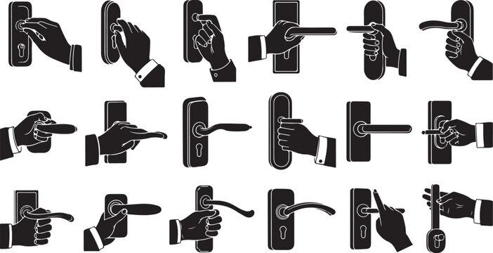 Various hands opening and closing door handles illustrated