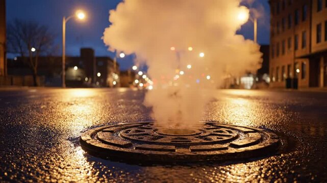 Steam rising from a manhole cover on a city street at dusk, blurred lights and buildings in the background