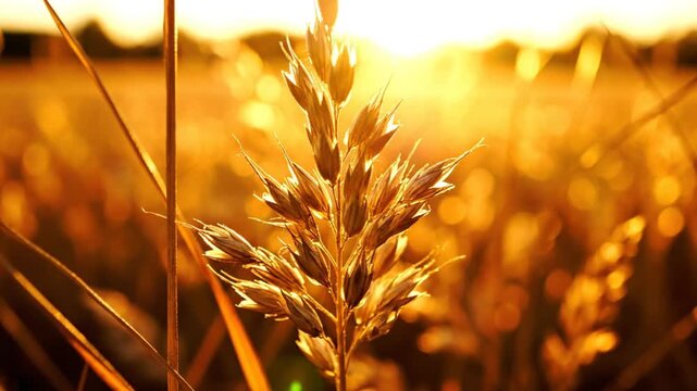 Golden sunset illuminating a wheat stalk in a serene field creating a peaceful harvest scene