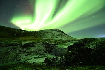 Aurora Borealis Over &THORN;&oacute;rufoss Waterfall &ndash; Winter Night