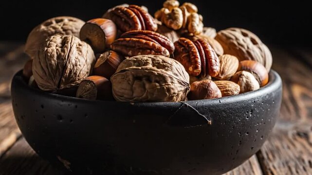Close-up shot of a black bowl overflowing with a variety of healthy mixed nuts on a wooden table
