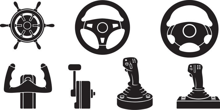 Collection of various control sticks and steering wheels icons