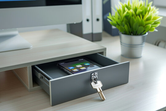 Modern smartphone placed inside drawer with key lock, clean office desk, privacy and security concept, realistic commercial photography