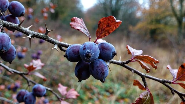 Close-up view of dark blue-purple sloe berries in autumn with red-brown leaves on a thorny branch