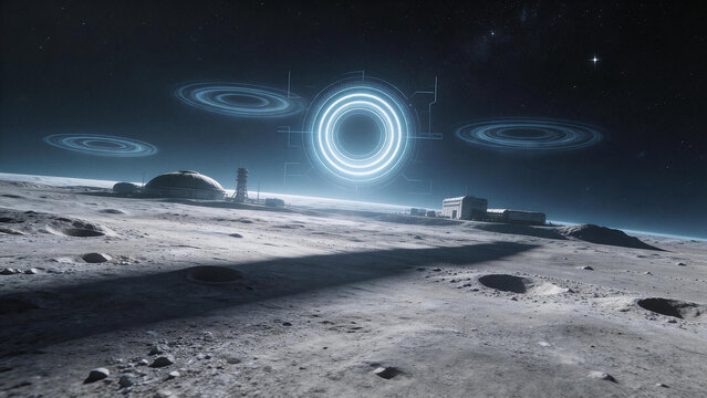 a moon base with blue holographic rings floating above it, on the lunar surface, with digital data and futuristic buildings in the background, created in unreal engine