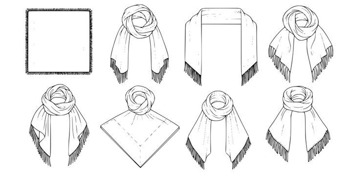 set of women's scarf flat sketch vector illustration cad mock up template
