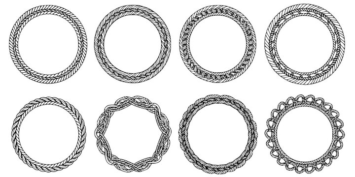 Set of different thickness oval ropes frames. Nautical circular four ropes shapes collection. Vector illustration isolated on white.
