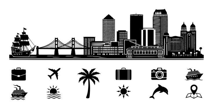 Vector Tampa skyline. Travel Tampa famous landmarks. Business and tourism concept for presentation, banner, web site. Vector black silhouette. with white background
