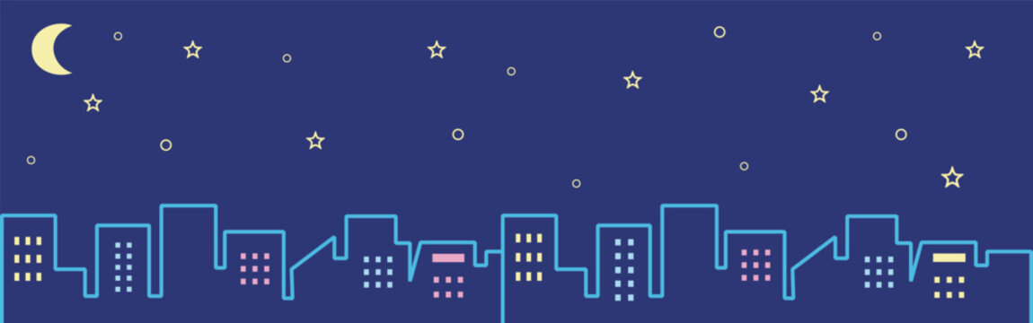 Background Illustration of Night Cityscape and Crescent Moon. Horizontal Banner for Midnight Images